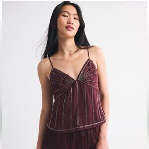 Abercrombie & Fitch Embellished Women V Neck Beaded Tank Top Cami Cropped Plum M